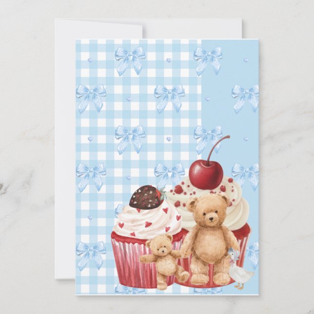 Invitation Cute Blue Gingham Teddy Bear & Ribbon  (Devant)