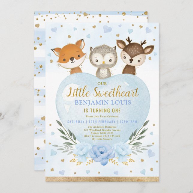 Invitation Cute Blue Gold Woodland Amoureux 1er anniversaire (Devant / Derrière)