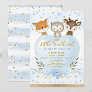 Invitation Cute Blue Gold Woodland Amoureux 1er anniversaire