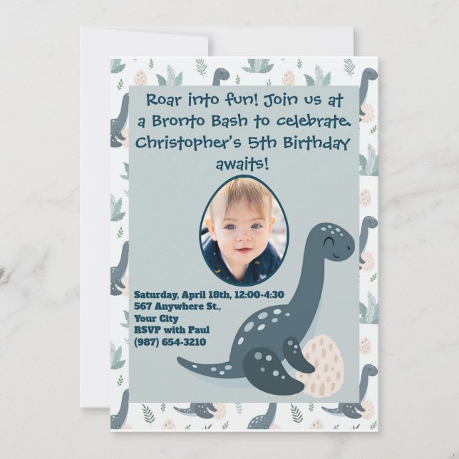 Invitation Cute Blue Green Dinosaur Photo personnalisée et no (Devant)