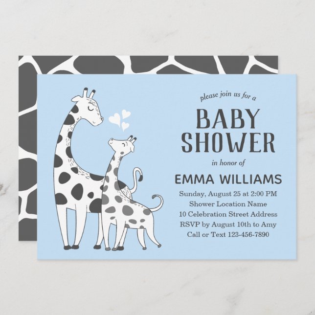 Invitation Cute Blue Grey Animal Giraffe Baby shower garçon (Devant / Derrière)