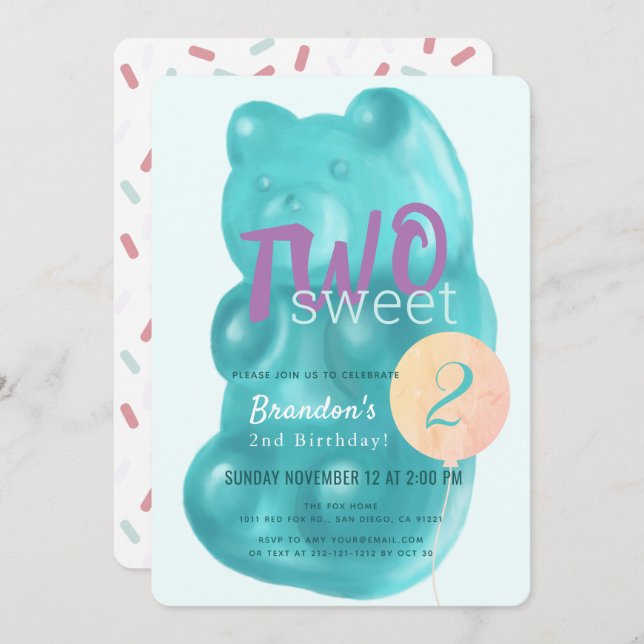 Invitation Cute Blue Gummy Bear Two Sweet 2e anniversaire (Devant / Derrière)