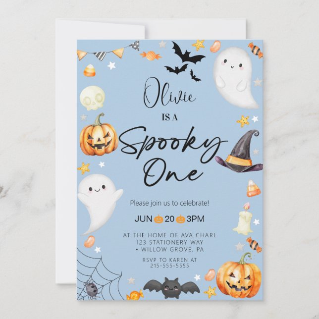 Invitation Cute Blue Halloween Ghost 1st Boy Anniversaire (Devant)