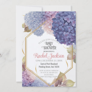 Invitation Cute Blue Hydrangea Blooms Baby shower Gold Frame