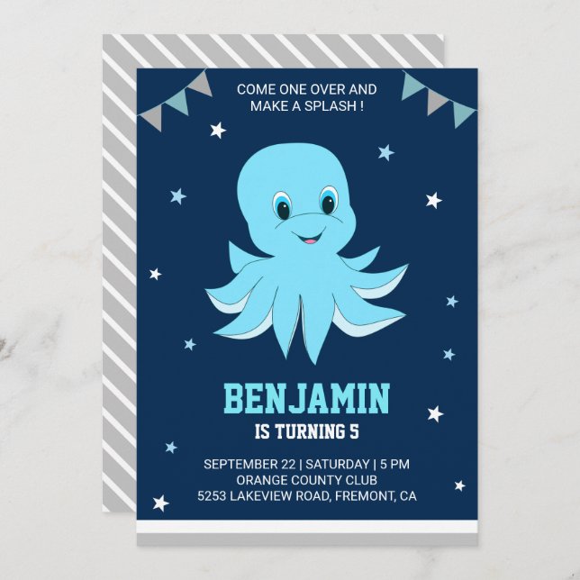 Invitation Cute Blue Octopus Anniversaire de enfant Party Inv (Devant / Derrière)