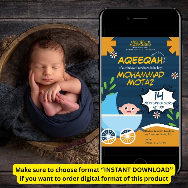 Invitation Cute Blue Orange Stroller Baby Boy Muslim Aqeeqah (Créateur téléchargé)