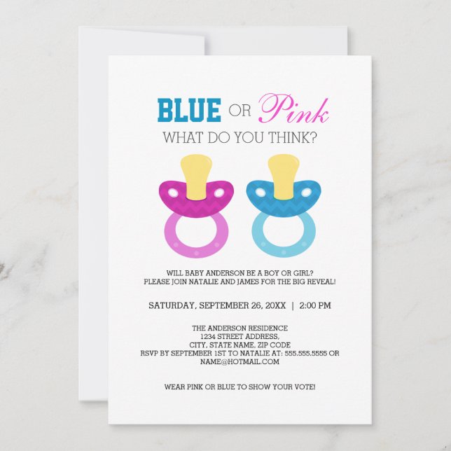 Invitation Cute Blue ou rose Pacifier Parti de révélation de  (Devant)