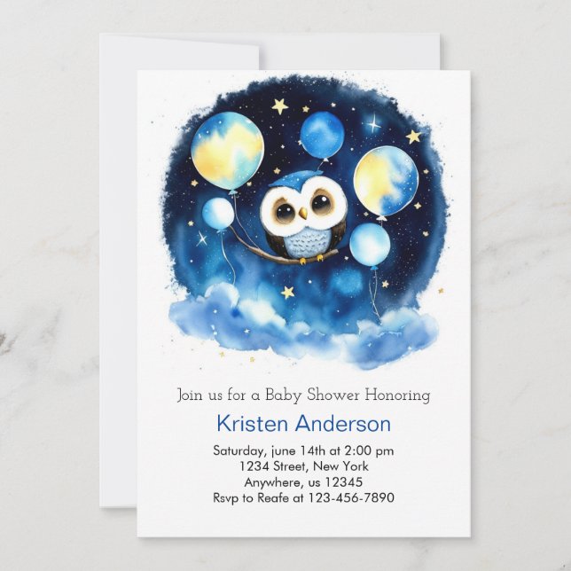 Invitation Cute Blue Owl Ballons Baby shower garçon (Devant)