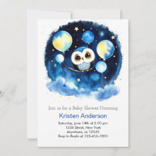 Invitation Cute Blue Owl Ballons Baby shower garçon