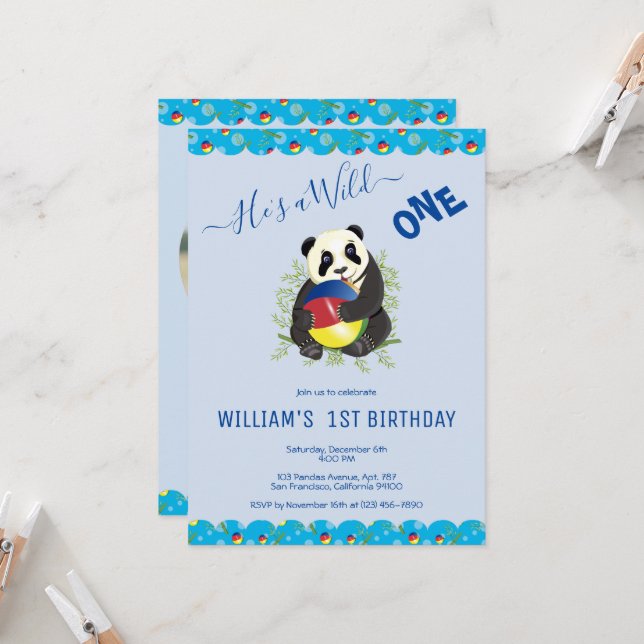 Invitation Cute Blue Panda Ours Wild Un 1er anniversaire Phot (Devant/Arrière en situation)