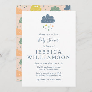 Invitation Cute Blue Peach Raindrops Baby shower garçon