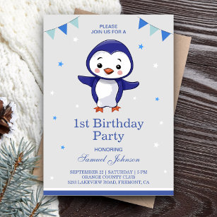 Invitation Cute Blue Penguin 1ère fête d'anniversaire