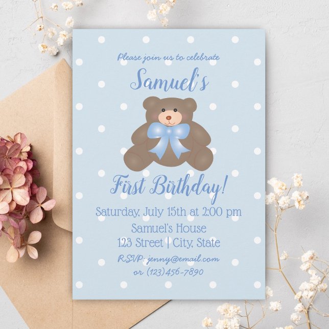 Invitation Cute Blue Ribbon Baby Teddy Bear Premier anniversa (Créateur téléchargé)