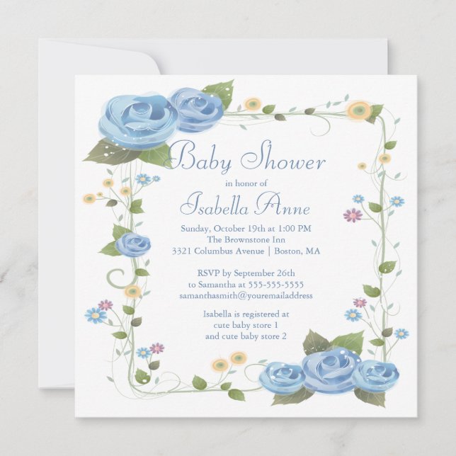 Invitation Cute Blue Ribbon Roses Baby Boy Baby shower (Devant)