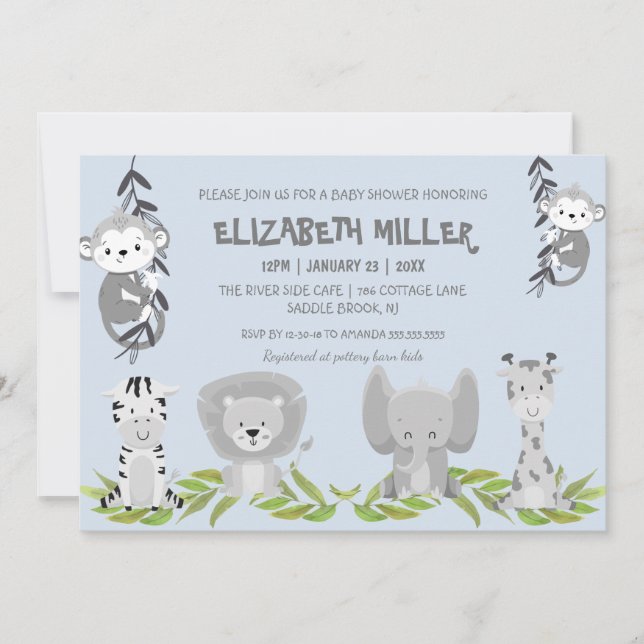 Invitation Cute Blue Safari Animaux Garçon Baby shower (Devant)