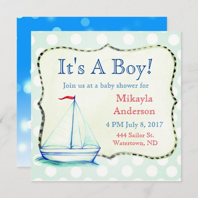 Invitation Cute Blue Sailboat Baby shower nautique (Devant / Derrière)