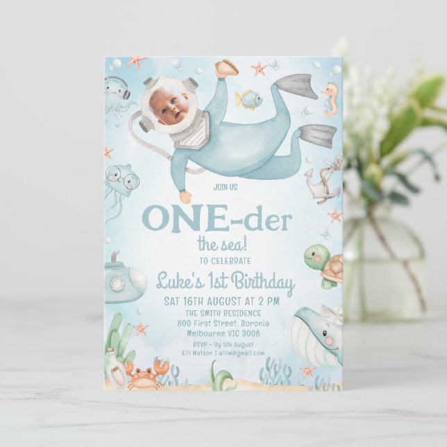 Invitation Cute Blue Scuba Diver Oneder Mer 1er anniversaire (Debout devant)