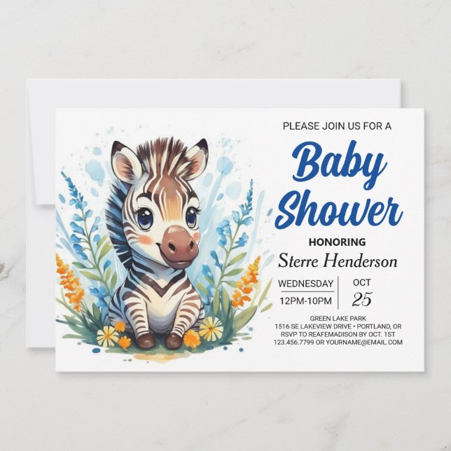 Invitation Cute Blue Surprise Baby shower garçon Zebra (Devant)
