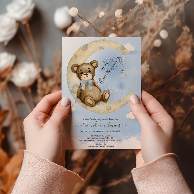 Invitation Cute Blue Teddy Bear Lune Ballons Baby shower garç (Créateur téléchargé)