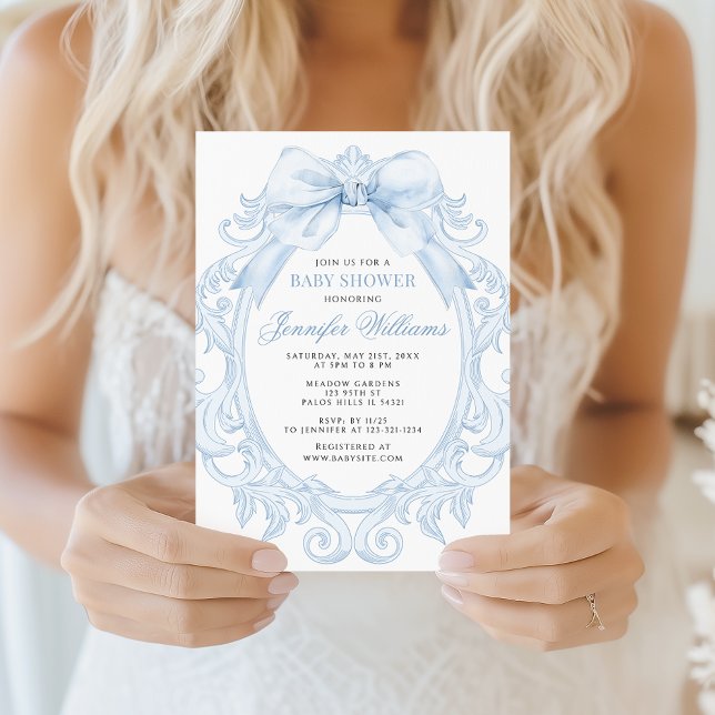 Invitation Cute Blue Toile Frame Bow Baby Boy Shower (Créateur téléchargé)