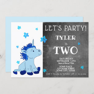 Invitation Cute Blue Unicorn 2e fête d'anniversaire