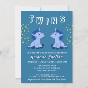 Invitation Cute Blue Unicorn Twins 2 garçons Baby shower