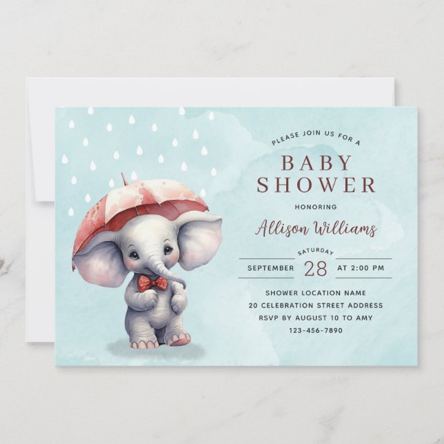Invitation Cute Blue Watercolor Elephant Boy Baby shower (Devant)