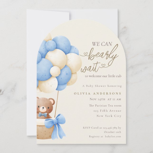 Invitation Cute Blue We can Bearly Wait Baby Shower (Devant)