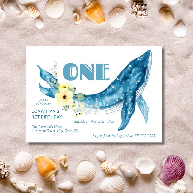 Invitation Cute Blue Whale Jaune Floral 1er Anniversaire (Créateur téléchargé)