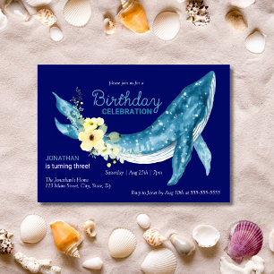 Invitation Cute Blue Whale Jaune Floral Navy fête d'anniversa