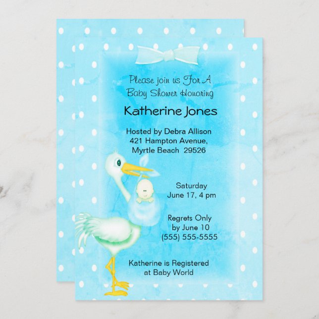 Invitation Cute Blue White Stork Baby Boy Douche (Devant / Derrière)