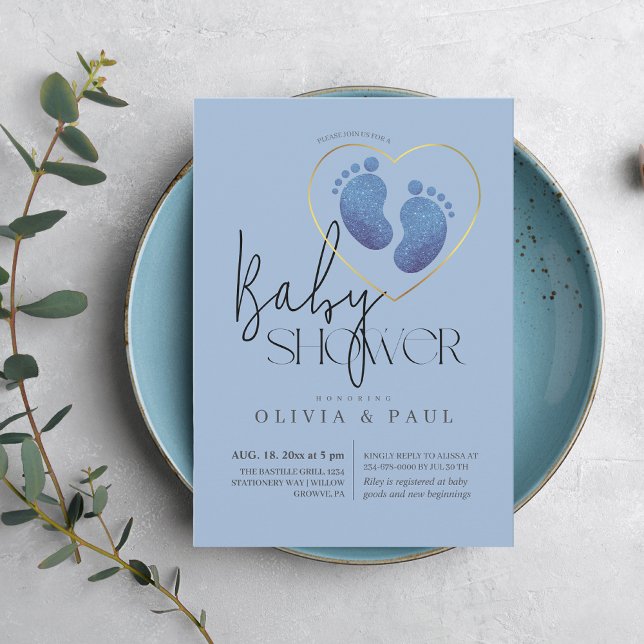 Invitation Cute Blush Blue Pieds Parties scintillant bébé gar (Créateur téléchargé)