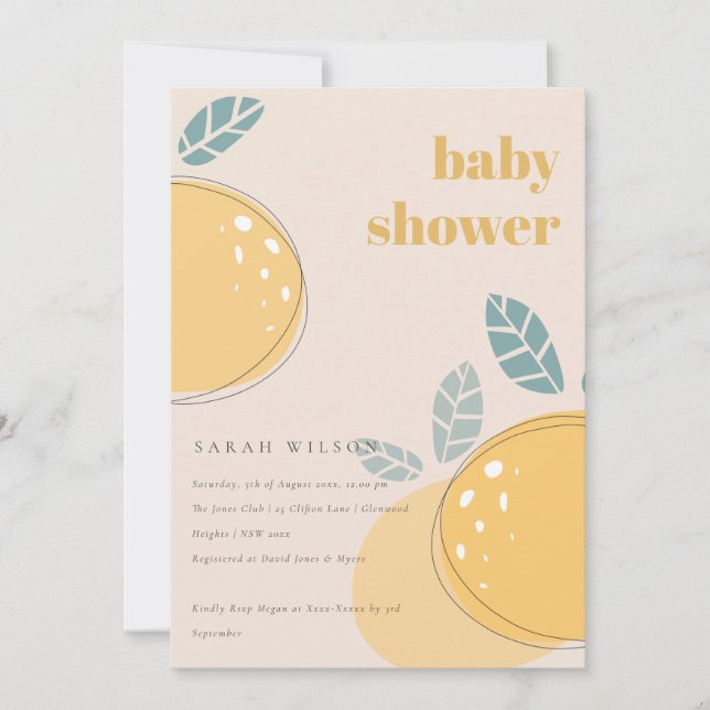 Invitation Cute Blush Peach Lemon Fruit Baby shower gras (Devant)
