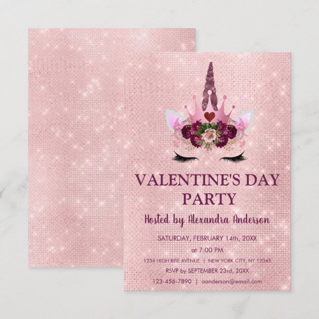 Invitation Cute Blush rose Unicorn Saint Valentin fête (Devant / Derrière)