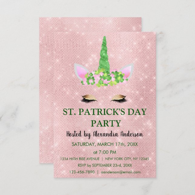 Invitation Cute Blush rose Unicorn St. Patrick's Day Party (Devant / Derrière)
