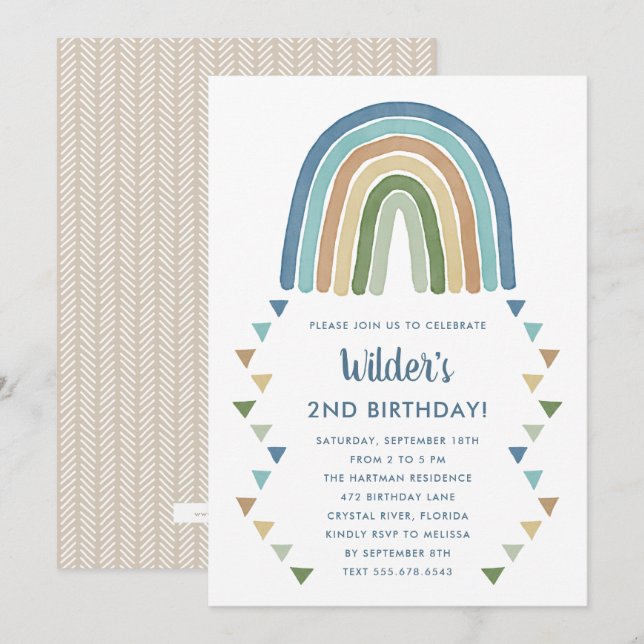 Invitation Cute Boho aquarelle arc-en-ciel Anniversaire bleu (Devant / Derrière)