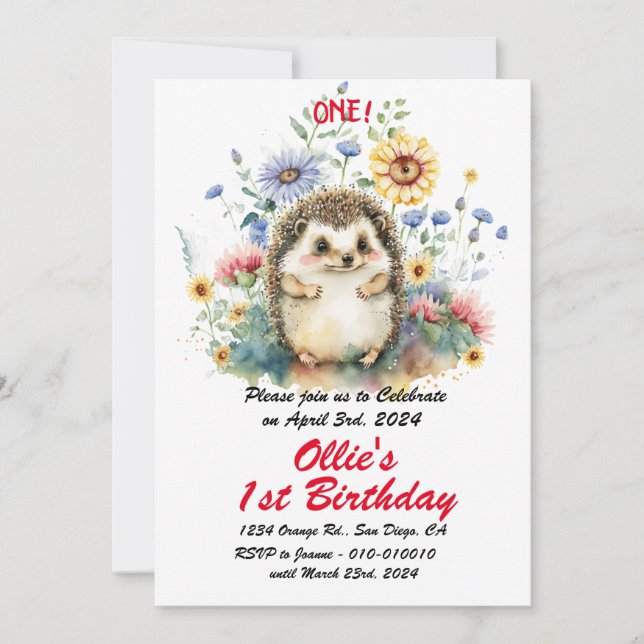 Invitation Cute Boho Baby Hérisson 1er anniversaire (Devant)