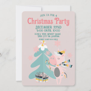 Invitation Cute Boho Christmas Unicorne sur Blush Pink