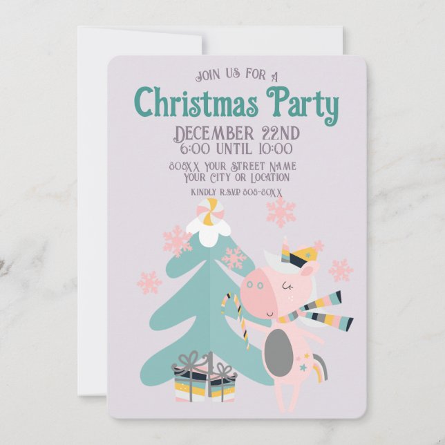 Invitation Cute Boho Christmas Unicorne sur Lavender Purple (Devant)
