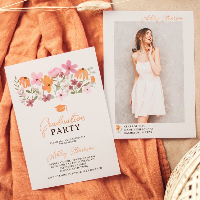Invitation Cute boho meadow orange wildflower graduation (Créateur téléchargé)