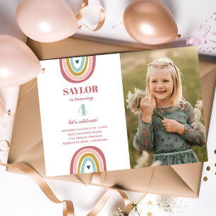 Invitation Cute Boho Rainbow Pink Photo Anniversaire