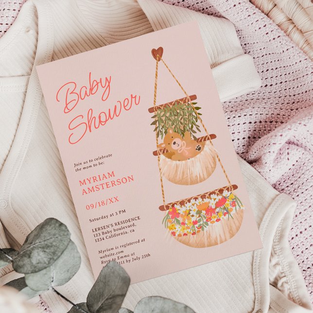 Invitation Cute boho teddy ours baby shower neutre (Cute boho teddy bear gender neutral baby shower invitation on pastel pink)