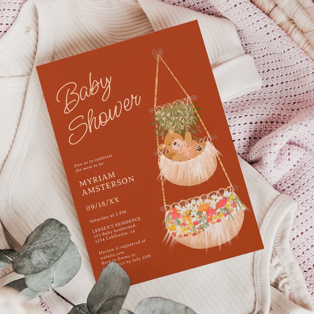 Invitation Cute boho teddy ours baby shower neutre (Cute boho teddy bear gender neutral baby shower invitation on terracotta)