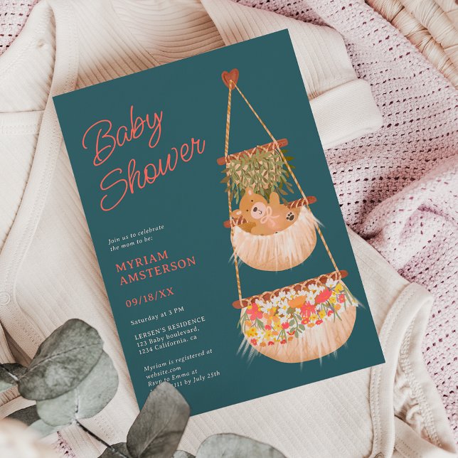 Invitation Cute boho teddy ours baby shower neutre (Cute boho teddy bear gender neutral baby shower invitation on blue)