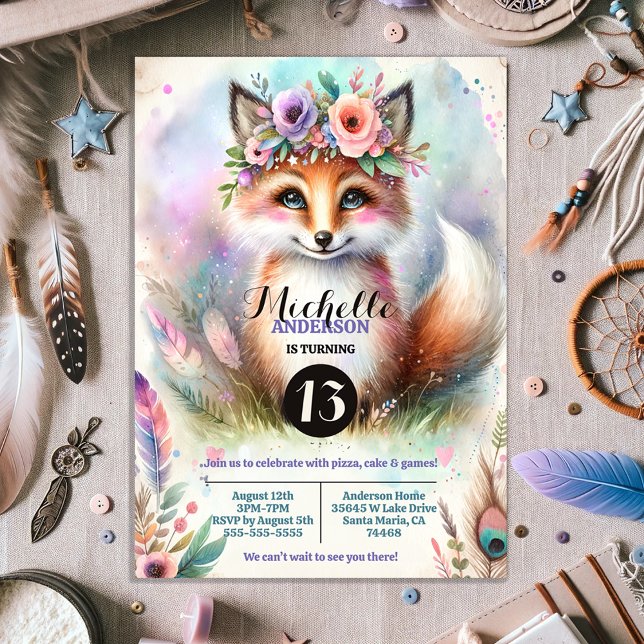 Invitation Cute Boho Watercolor Fête d'anniversaire du renard (Créateur téléchargé)