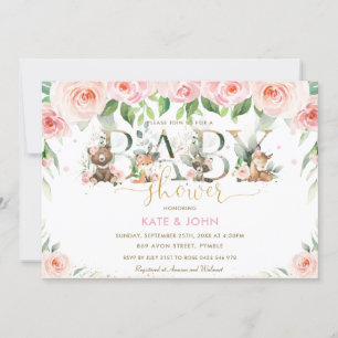 Invitation Cute Bois Animaux Rose Floral Baby shower Girl