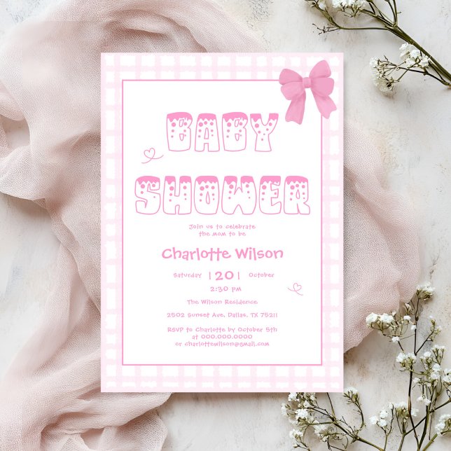 Invitation Cute Bow Pastel En vichy Baby shower rose (Créateur téléchargé)