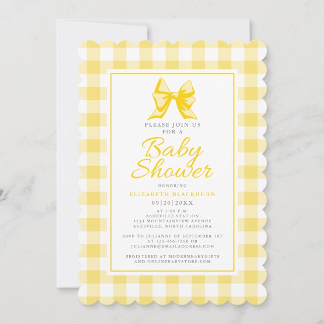 Invitation Cute Bow Pastel Jaune Blanc En vichy Chèque Motif (Devant)