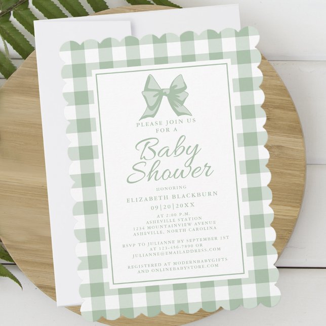 Invitation Cute Bow Pastel Vert Blanc En vichy Check Motif (Cute Bow Pastel Green White Gingham Check Pattern Invitation)