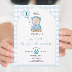 Invitation Cute Boy Bleu En vichy Beurre Bleu Premier anniver